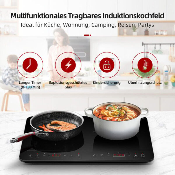 GASLAND Chef IH60BT Double Plaque de Cuisson à Induction, 3500W Plaque de Cuisson à Induction 2 Plaques Avec Sensor-Touch, 10 Niveaux de Température, 10 Niveaux de Puissance, Fonction Minuterie - Image 2